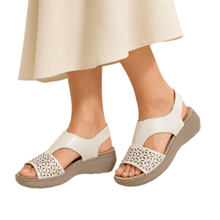 MUJER SANDALIA CUÑA PICADA FLOR BLANCO